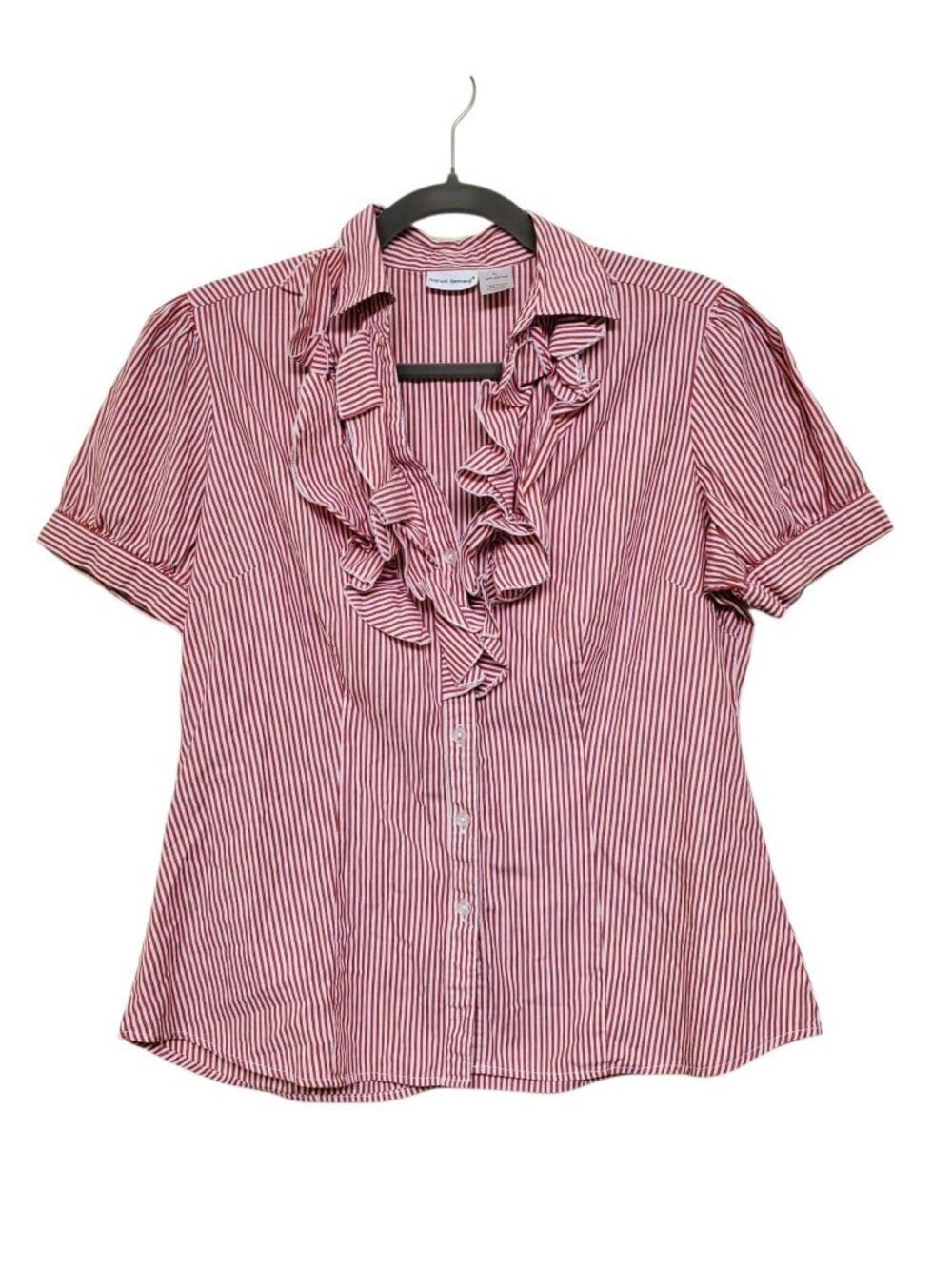 Harve Benard Women's Red White Stripe Candy Striper Ruffle Neck Button Up Top L